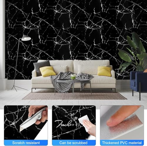 Image of New Peel and Stick Marble Wallpaper Backsplash Self-Adhesive PVC Waterproof Wall Tiles for Kitchen, Bathroom, Bedroom Multiple Size and Black,Cream,White. (2, Black, 60x30)