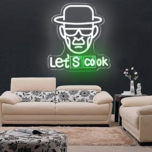 Image of Breaking Bad Neon Sign Heisenberg for Wall Decor,Funny Let's Cook Neon Ligthts with Dimmable LED Signs for Man Cave Bedroom Bar Party Neon Gifts for Crime TV Show Fans Gifts