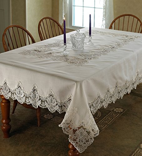 Flash Deals - 80% OFF Violet Linen Imperial Embroidered Vintage Lace Design Oblong/Rectangle Tablecloth, 70" x 132", Cream