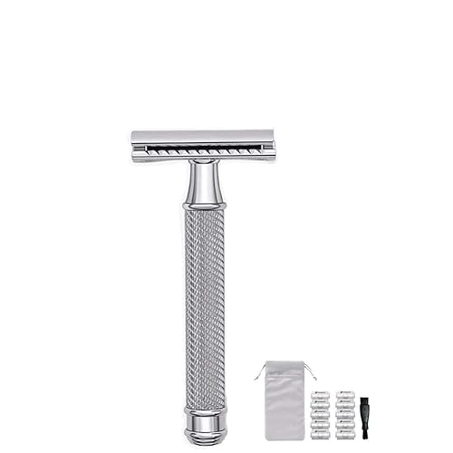 Maquinilla de afeitar de seguridad cromada resistente de doble filo, mango texturizado antideslizante, 10 cuchillas súper afiladas de platino + mini