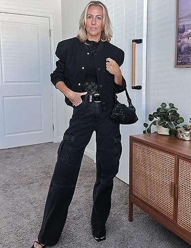 SCUSTY Women's Button Down Bomber Jacket Drop Shoulder Short Cropped Coat Outwear3