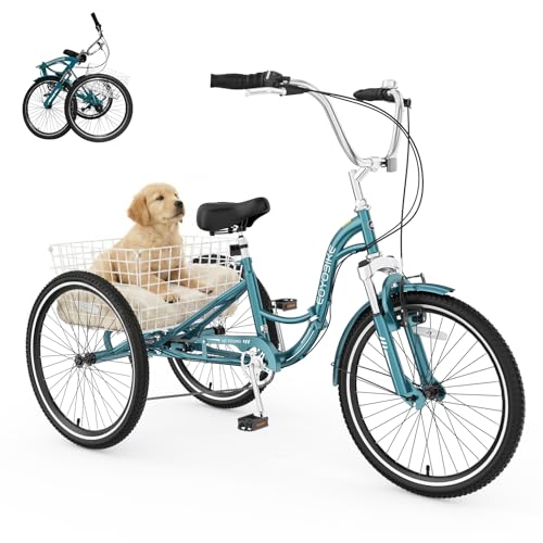 MOPHOTO Adult Folding Tricycle, 7-Speed 3 Wheel Bike for Adults, Seniors, Women & Men, 20/24/26 Inch Low Step-Through Trike with Large Rear Cargo Basket, Adjustable Seat, Space-Saving Cruiser Bicycle
