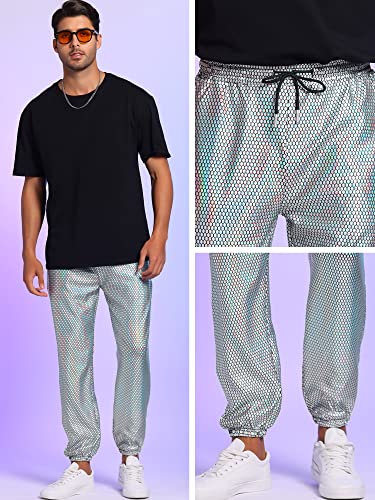 Lars Amadeus Sparkly Metallic Pants for Men's Drawstring Waist Nightclub Disco Shiny Sequin Joggers4