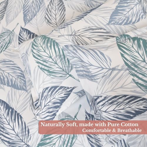 Image of Jaipur Weaves Queen Size Fitted Bedsheet Cotton with Elastic, 100% Pure Cotton Double Bed Fitted Sheet with 2 Pillow Covers, 240 TC, 60x78 Inches up to 8-inch Mattress, Leafy Design - (Tealish Blue)