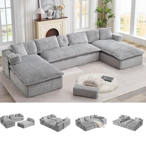 Image of Oversized Cloud Boneless Couch with Chaise, 149 inch Modern U Shape Modular Deep Seat Sectional Sofa, Comfy Corduroy Upholstered Couches for Living Room, No Assembly Required, Light Grey