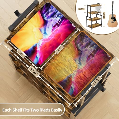 4-Tier AV Media Corner Shelf, Game Console Stand with 2 Hooks, Stereo Audio Component Rack, Small Entertainment Center for Living Room, Gaming Room, Music Studio, Rustic Brown - Image 6