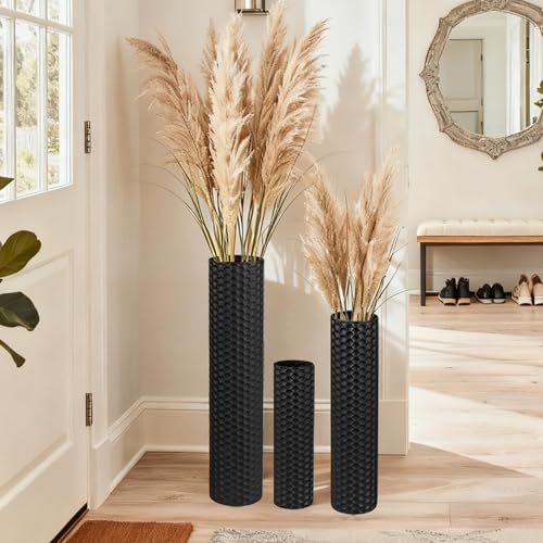 NOLIPED Black Tall Floor Vase - Set of 3 Extra Large Metal Decorative Vases for Living Room, 27.6