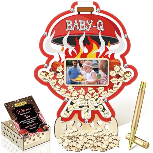 Image of Wenqik 63 Pcs BBQ Baby Shower Guest Book Alternatives Set Baby Shower Decorations with Photo Frame Sonogram Frame Keepsake 60 Wood Slices Guest Book for Birthday
