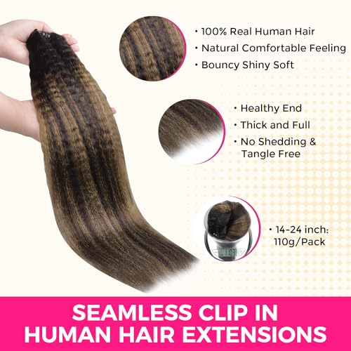 Lashey Seamless Clip in Hair Extensions Human Hair 110g 7pcs 22 Inch Black Mixed Chestnut Brown Kinky Straight Hair Extensions Real Human Hair with Invisi Edge