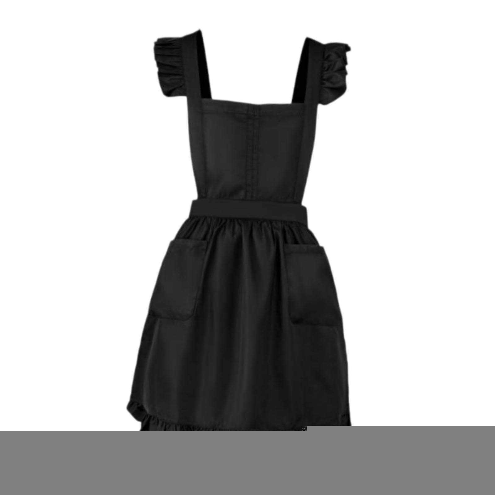Grembiule retrò con volant regolabile per la casa per ragazze e donne, cucina, cottura, travestimento, cosplay, costume con tasche anteriori, Nero