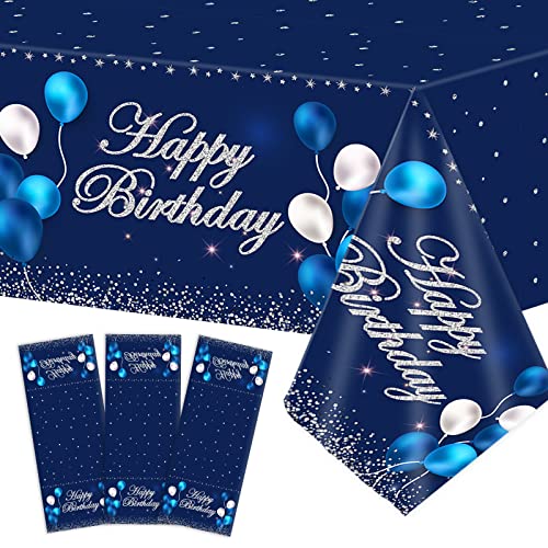 3 Pieces Blue Silver Birthday Party Tableclothes Birthday Party Tablecovers for Man Women Boys Girls Blue Birthday Tableclothes for Party Decorations Supplies 54X108inch