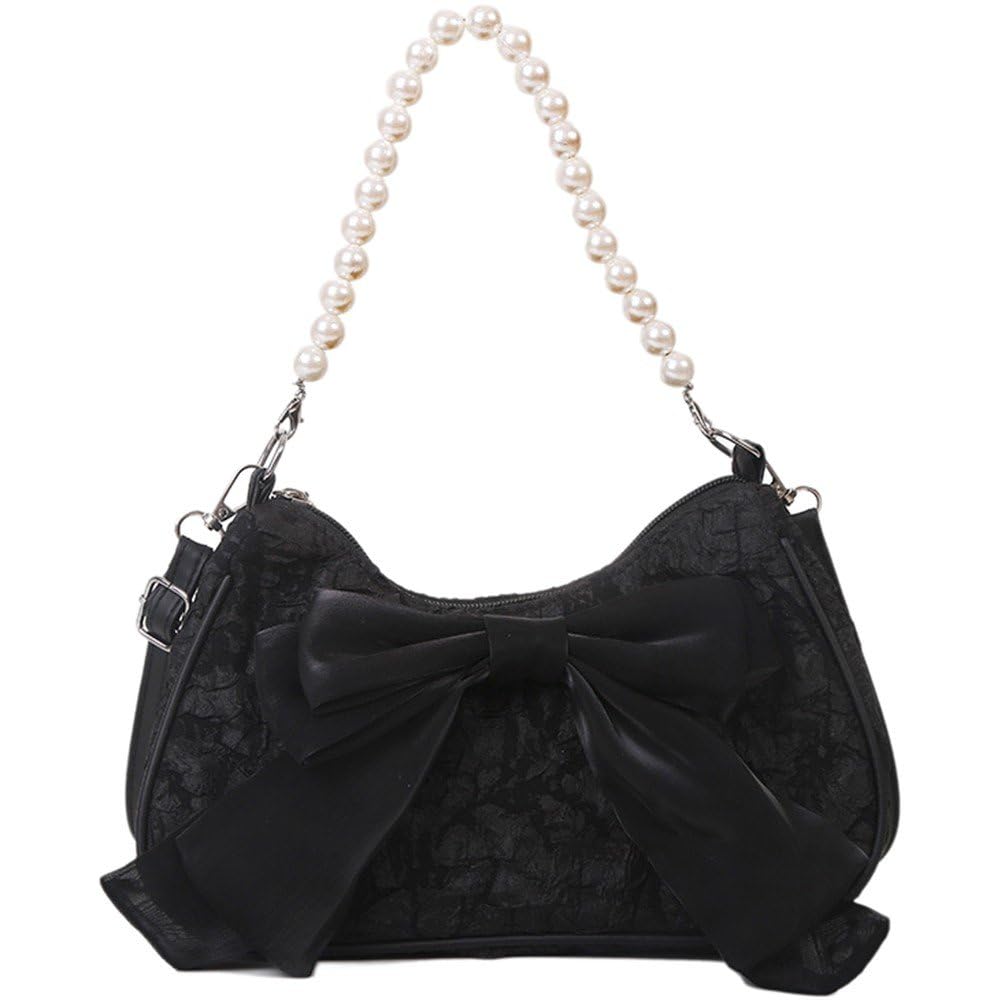 Casiler Women's Black Retro Bow Handbag Bow Pearl Shoulder Bag Fashionable Pearl Armpit Bag Large Capacity Underarm Bag Sweet Crossbody Bags For Woman
