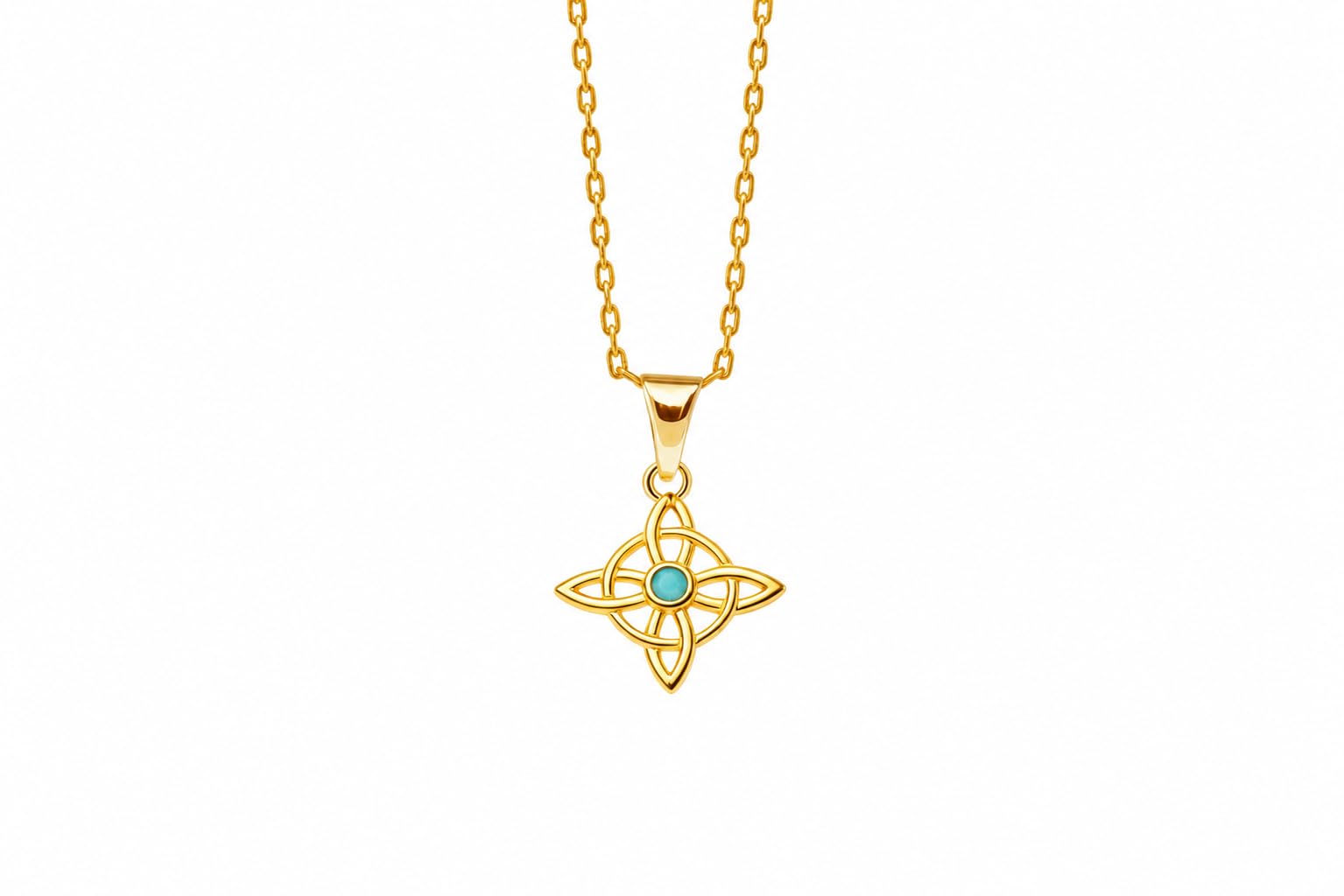 Colgante Chapado en Oro 18K (3 micras) y Circonita Cúbica Turquesa - Nudo de Bruja, Joyería Espiritual