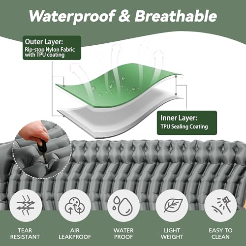 Image of Double Sleeping Pad for Camping - Ultralight Air Mattress with Pillows, Built-in Foot Pump, Compact Inflatable 2-Person Portable Mat for Backpacking, Hiking, Tent, Car Travel, Beach,Road Trip