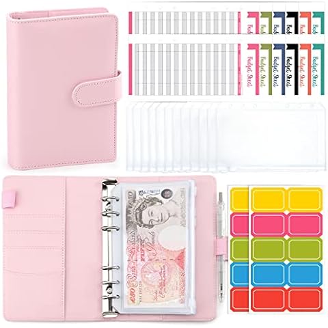 A6 Budget Binder Notebook - PU Leather Ring Binder with 12 Zippered Cash Envelopes and 12 Expense Budget Sheet, Portable A6 Binder Planner Budget Wallet for Budgeting and Saving Money, 27Pcs (Pink) Cover