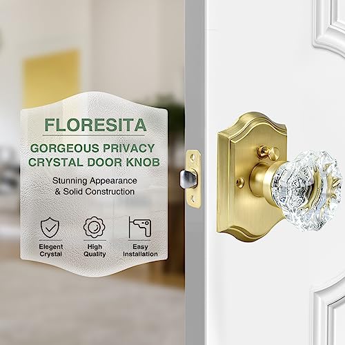 Crystal Door Knobs, Satin Brass Glass Door Knobs Interior Rose Shape with Lock Privacy Function, Vintage Antique for Bedroom Bathroom