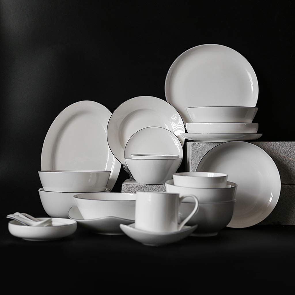 Stilvolle Essteller, Keramik-Geschirrset, 26-teiliges Set aus Tellern und Schüsseln aus Bone China/Porzellan-Geschirrset in Reinweiß mit blauem Rand