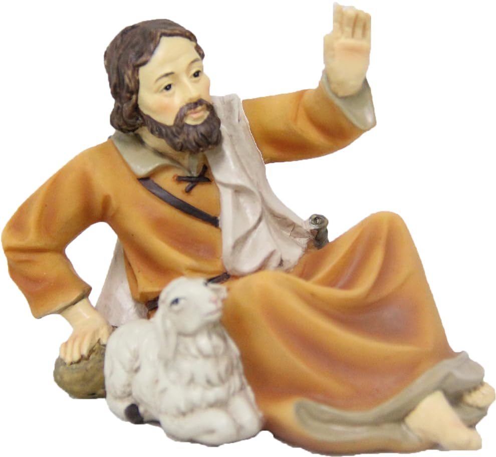 Figura Per Presepe FADEDA – Pastore Con Pecora, 6 Cm, Dipinta A Mano, In Poliresina Effetto Legno