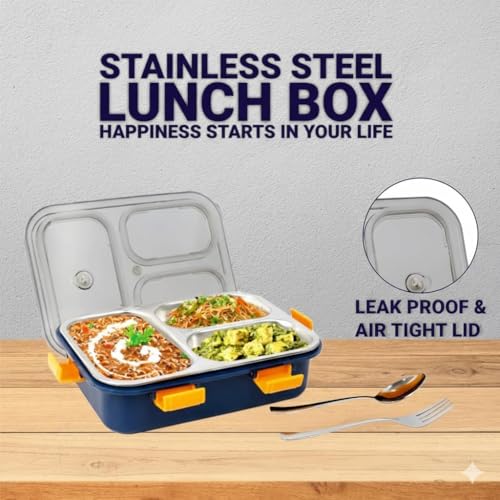 Image of 800 ml Stainless Steel Lunch Box, 3 Compartments, Blue | Leak-Proof Tiffin, Includes Spoon & Fork, BPA-Free Food Grade Steel, Dishwasher Safe, for School & Office