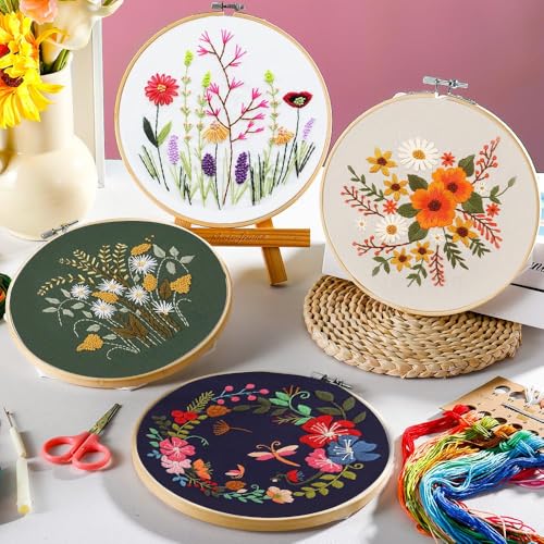 Image of 4 Pack Embroidery kit for Beginners Adults DIY Starter Kit, Cross Stitch Kits with Flower Stamped Patterns, Embroidery Hoop, Tools,Colorful Threads,Step by Step Instructions,Hand Craft Lover Gift