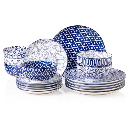 Sweejar 18 Pieces Ceramic Dinnerware Sets, Handmade Plates and Bowls Sets, Highly Scratch Resistant Dishes Set for Kitchen,Porcelain Dishwasher & Microwave Safe Dishes Set,Service for 6 (Vintage Blue)