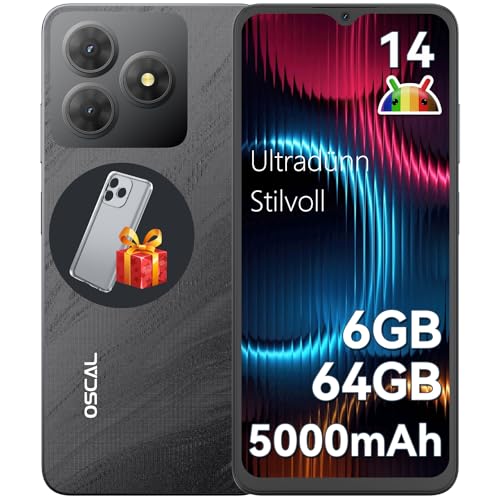 OSCAL Flat 2C Android 14 Handy Ohne Vertrag, 6GB+64GB/2TB, 6,56' HD+ Display, 5000mAh Akku, Octa-Core, 13MP Kamera, 4G Dual SIM, Für den Alltag – Günstiges Einsteiger Smartphone