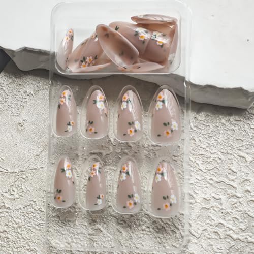 Image of Small Flower Press on Nails Nude Full Cover Fake Nails Medium Almond False Nails with Design Spring Summer Nail Reusable Artificial Acrylic Stick on Nails for Women Manicure 24Pcs