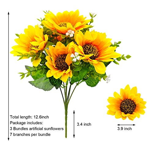 Guagb Sunflowers Artificial Flowers Bouquet With Stem, 3 Pack Silk Faux Fake Sunflowers Arrangement For Home Outdoor Indoo Wedding Kitchen Centerpieces Table Decoration #TOP5