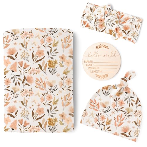 Image of Konssy Baby Girl Newborn Receiving Blanket with Matching Headband and Beanie Set Baby Swaddle Nursery Swaddle Wrap