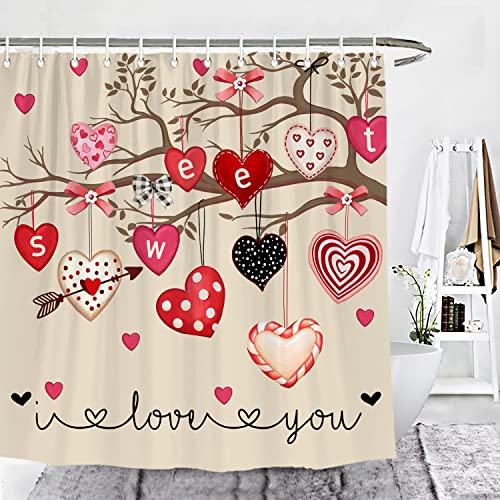 Wencal Duschvorhang, Herz, Baum, Valentinstag, Badezimmer, Dekoration mit Haken, 183 x 183 cm Cover