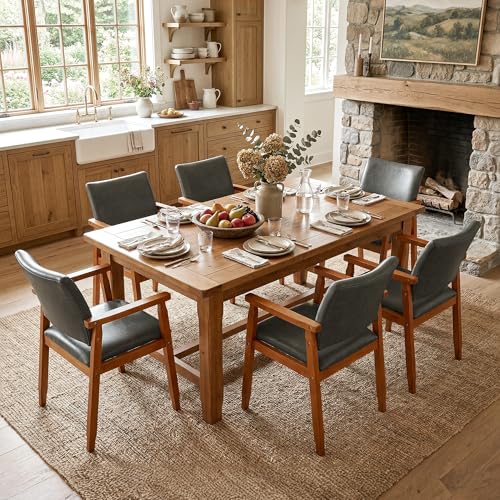 Image of NOBPEINT Mid-Century Modern Dining Chairs with Armrest Set of 4, PU Leather Upholstered Dining Room Chairs with Solid Wood Frame, Walnut Kitchen Armchairs for Kitchen Living Room Restaurant, Grey