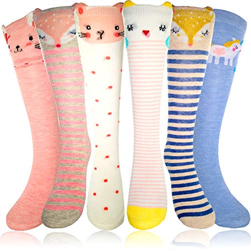 6 Pair Little Girls Knee High Socks Cute Cartoon Animal Over Calf Stockings (B)