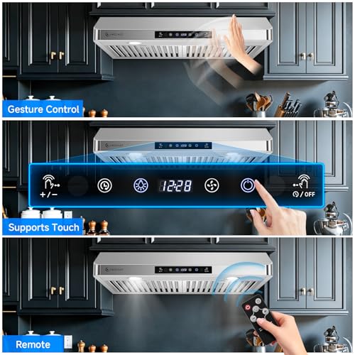 Image of AMZCHEF 30 inch Stainless Steel Under Cabinet Range Hood, 1050 CFM Dual-Fan | Stainless Steel hood with Touch /Remote /Gesture Control, timer, LED lights & dishwasher-safe baffle filters 3 outlets