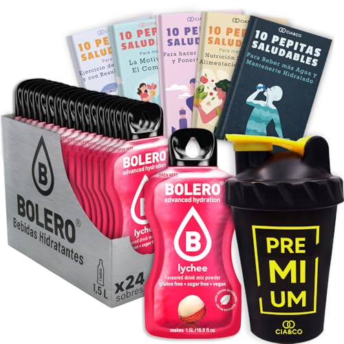24 x Bebida Bolero LITCHI Hidratante Sin Azucar (24x9 grs) + 50 Pepitas Saludables para una vida más sana by Cia&Co + 1 Botella mezcladora shaker exclusiva Cia&Co (500 ml)