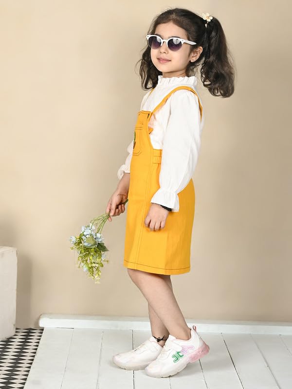 Image of superminis Girls Twill Denim Solid Color Dungree /Dress With Embroidered Pocket (1 Dress,1 Tee)