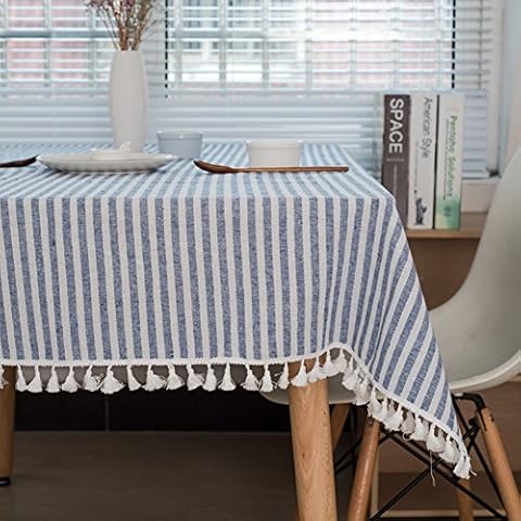 ColorBird Stripe Tassel Tablecloth Cotton Linen Dust-Proof Table Cover for Kitchen Dinning Tabletop Decoration (Rectangle/Oblong, 55 x 120Inch, Blue) Cover