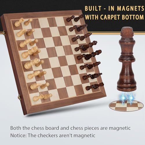 2 in 1 Magnetic Chess Set & Checkers Board Recreation, 15" Wood Folding Chess Board with 2 Additional Queens, Transportable Journey Chess Set with Items Storage Slots, Newbie Chess Board Recreation for Adults & Youngsters - Image 4