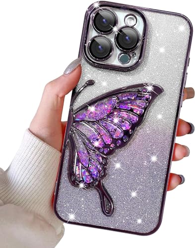Image of SHINESTAR 3D Butterfly Case for iPhone 14 Pro Max Cover, Cute Girly Glitter Bling Luxury Back Cover for Women Girls Protective Shockproof Slim Camera Protection for iPhone 14 Pro Max - Purple