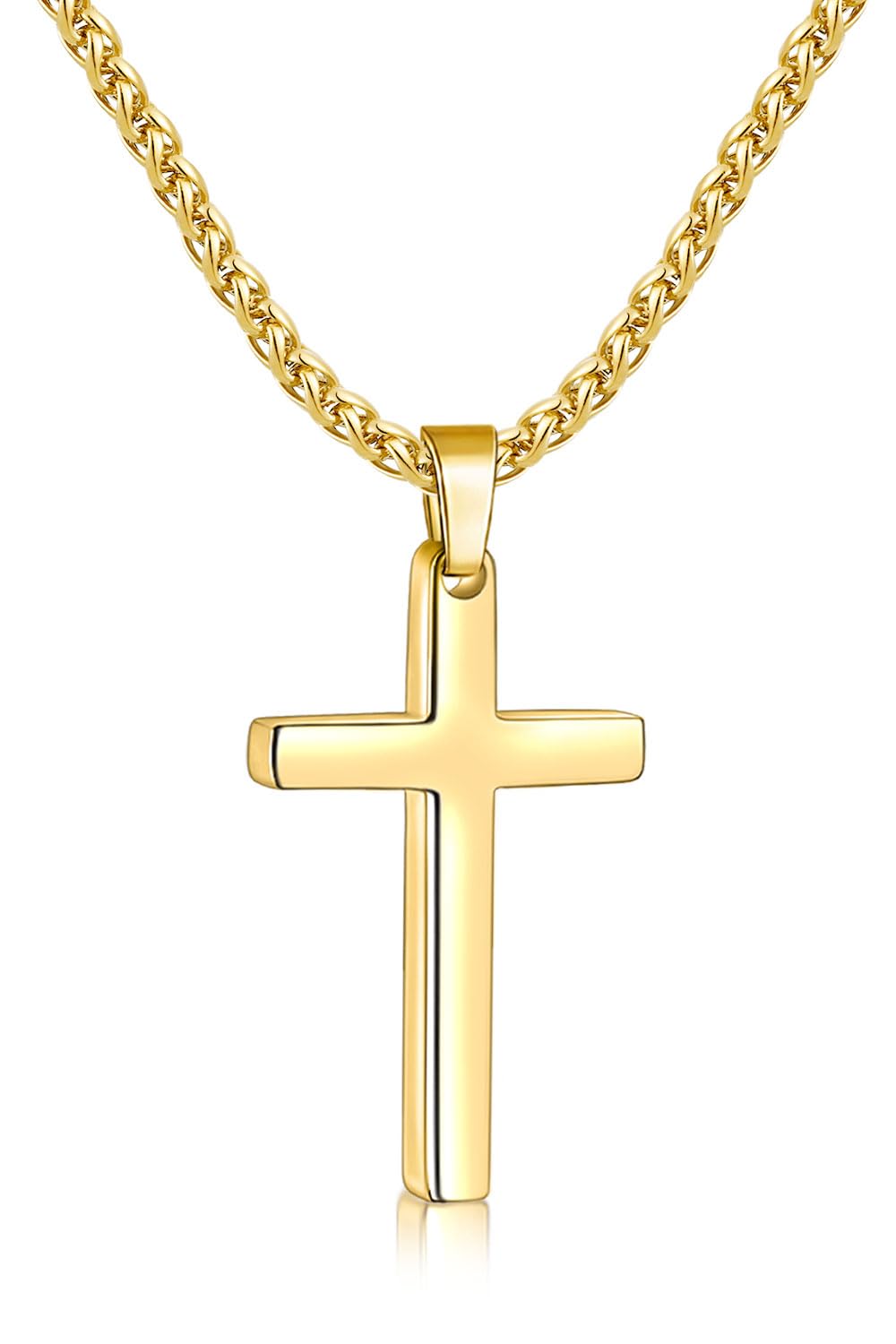 Fiusem Cross Necklace for Men, Silver Tone/Gold Plated/Black Mens Cross Necklaces with 2.5mm Chain, Stainless Steel Wheat Chain, 16-24 Inch