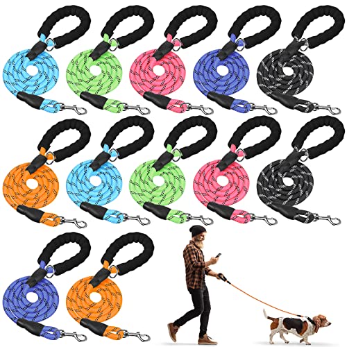 12個 高耐久 反射糸 犬用リード 快適なパッド入りハンドル 中大型犬用 5フィート