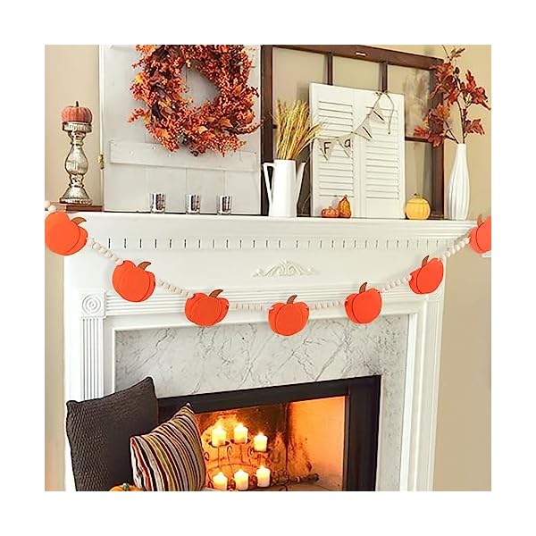 FestalMart Fall Decor-Fall Decorations for Home-Felt Pumpkins Wood Bead Garland for Fall Decor- Halloween Thanksgiving Farmhouse Felt Banner for Fireplace Mantel Walls