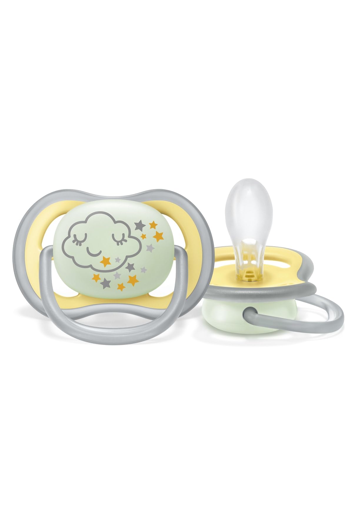 Succhietto Philips Avent Ultra Air Nighttime - Confezione da 2, ciuccio fluorescente traspirante senza BPA per bambini dai 18 mesi in su, include scatola di trasporto e sterilizzazione, Cloud/Tiger