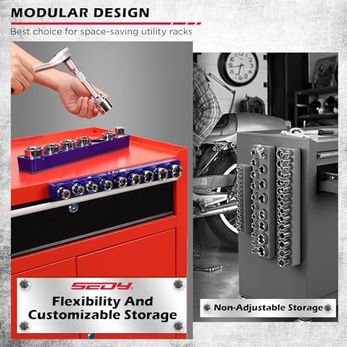 2-Piece 1/2"-Drive SAE Magnetic Socket Organizer Set (Holds 16 Sockets) - Detachable Tool Tray with 5mm Magnetic Base, Screw-Fixed Design & Heavy-Duty Modular Storage for Garage/Home Workshop