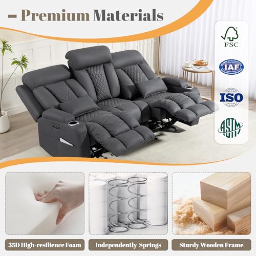Image of Zero Wall Hugger Power Reclining Sofa with Adjustable Headrest, Electric Reclining Couch with Drop-Down Table,Outlets, Power Loveseat Recliner Sofa for Living Room (Gray, 3 Seat)