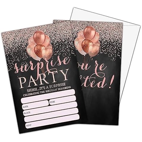 Shhh It's A Surprise Birthday Invitations, Rose Gold Glitter Birthday Party Invitations for Girls Boys, Surprise Birthday Invitation Cards, Party Supplies and Decoration, 20 Cards & 20 Envelopes -C05 Cover