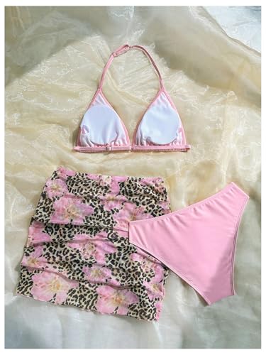 Girl's 3 Piece Leopard Floral Bathing Suit Halter Triangle Swimsuit with Mesh Cover Up Skirt2