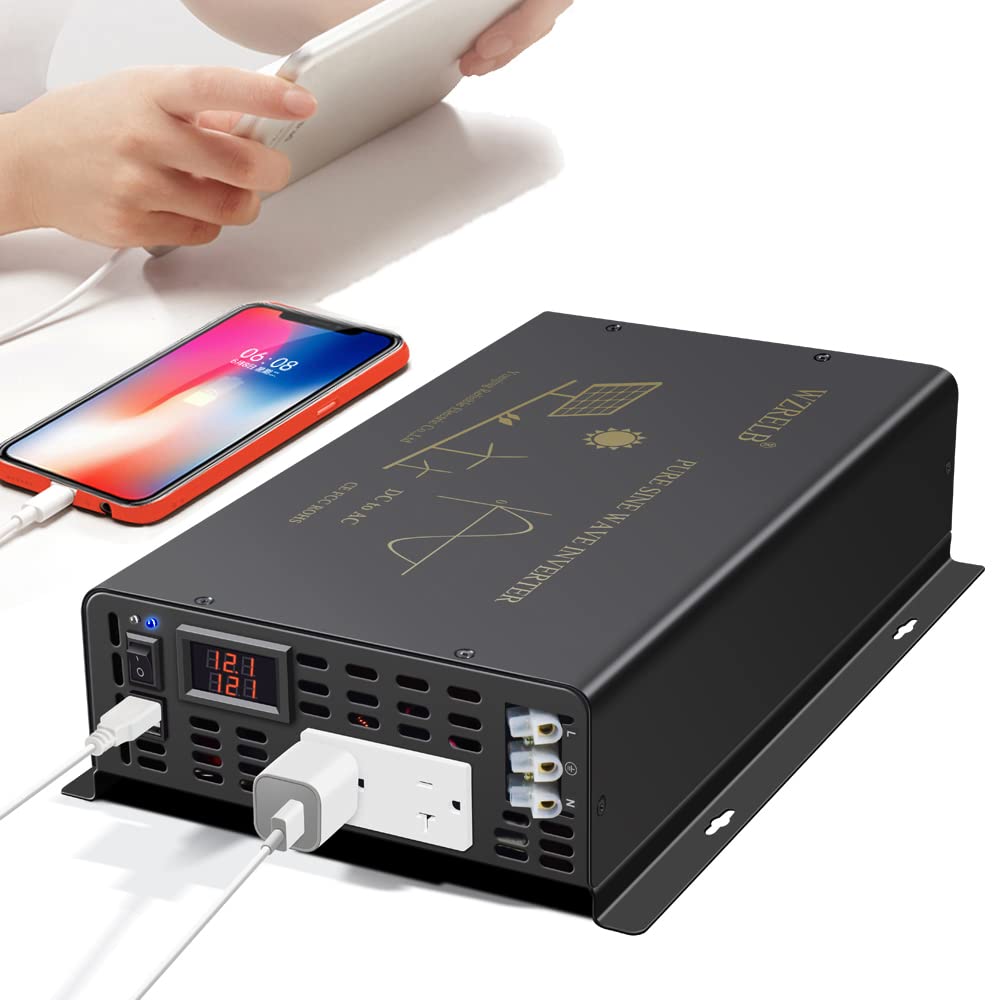 WZRELB 2500W Pure Sine Wave Power Inverter 12VDC to 120VAC 60HZ Dual AC Outlets 2× 2.4A USB Port&Hardwire Terminal Off-Grid Solar Converter RV Trucks Home