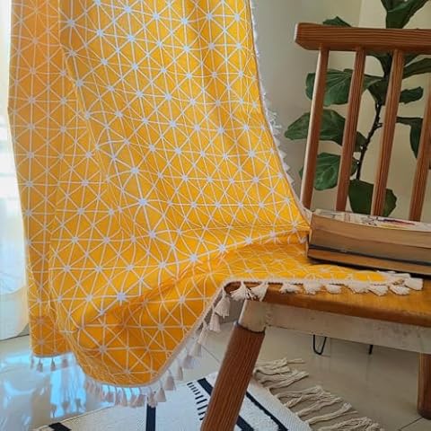 Urban Space Cotton Curtains 84 Inches Long for Bedroom - Set of 2 100% Cotton Curtains with Grommet & Tieback Light Filtering Curtains for Living Room (48" Wide by 84" Long - Yellow Star) Cover