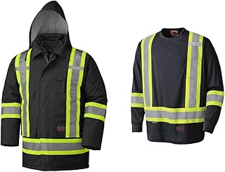 Pioneer V1120470-3XL Winter 6-in-1 Parka Jacket - 100% Waterproof hi-viz Rainwear, Black, 3XL & Soft Moisture-Wicking Reflective Hi-Vis Long Sleeve Shirt, Premium Birdseye, Black, 3XL, V1051270-3XL