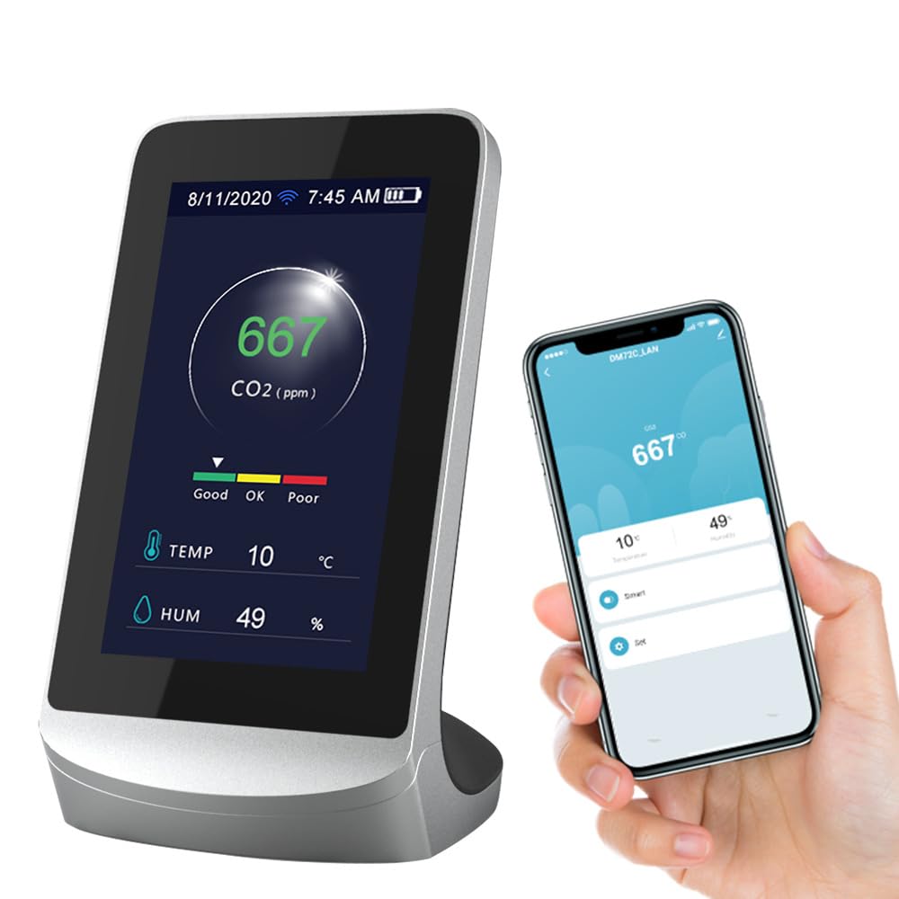 Monitor jakości powietrza WiFi CO2, 3-w-1 tester dwutlenku węgla, wilgotności i temperatury, 3000-mAh bateria litowa, dokładne monitorowanie, alarm, szerokie zastosowanie, do domu,